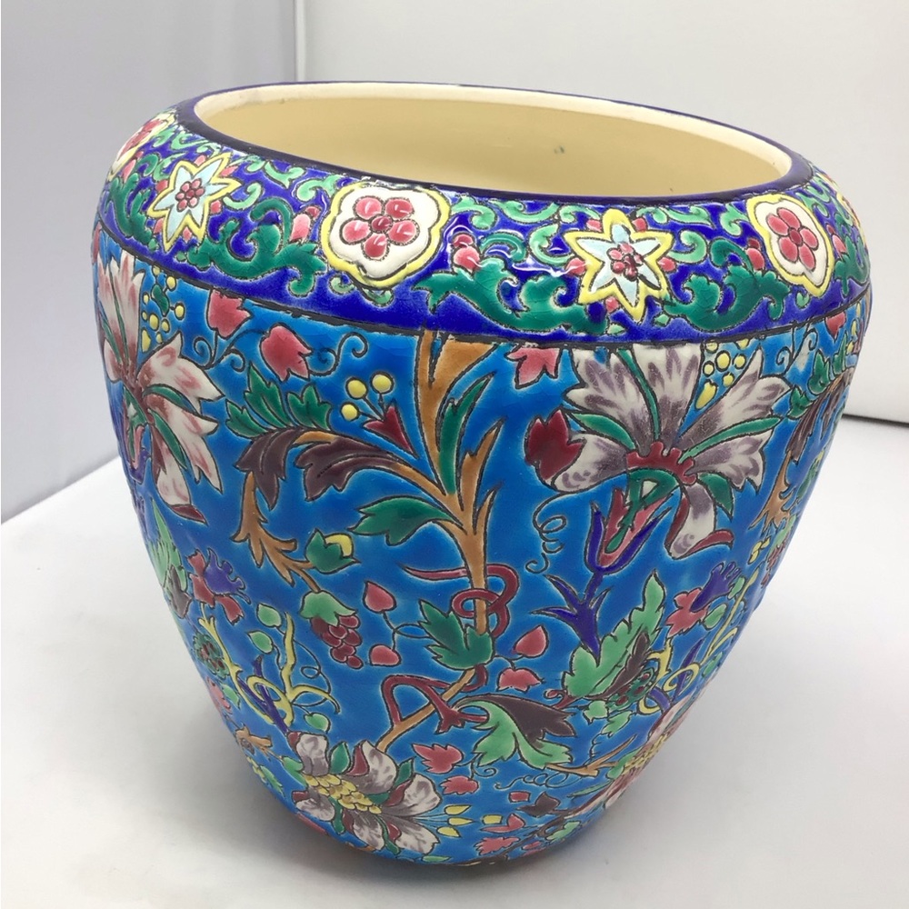 Vintage Emaux de Longwy Blue Ceramic large floral Vase
